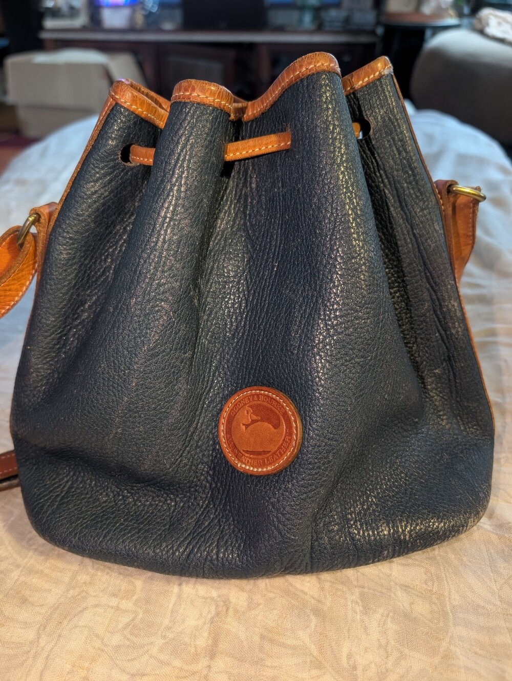 Dooney & Bourke Pebbled Leather Vintage Navy Blue Leather Drawstring Bucket Bag